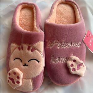 Pink Cat Embroidered Slippers